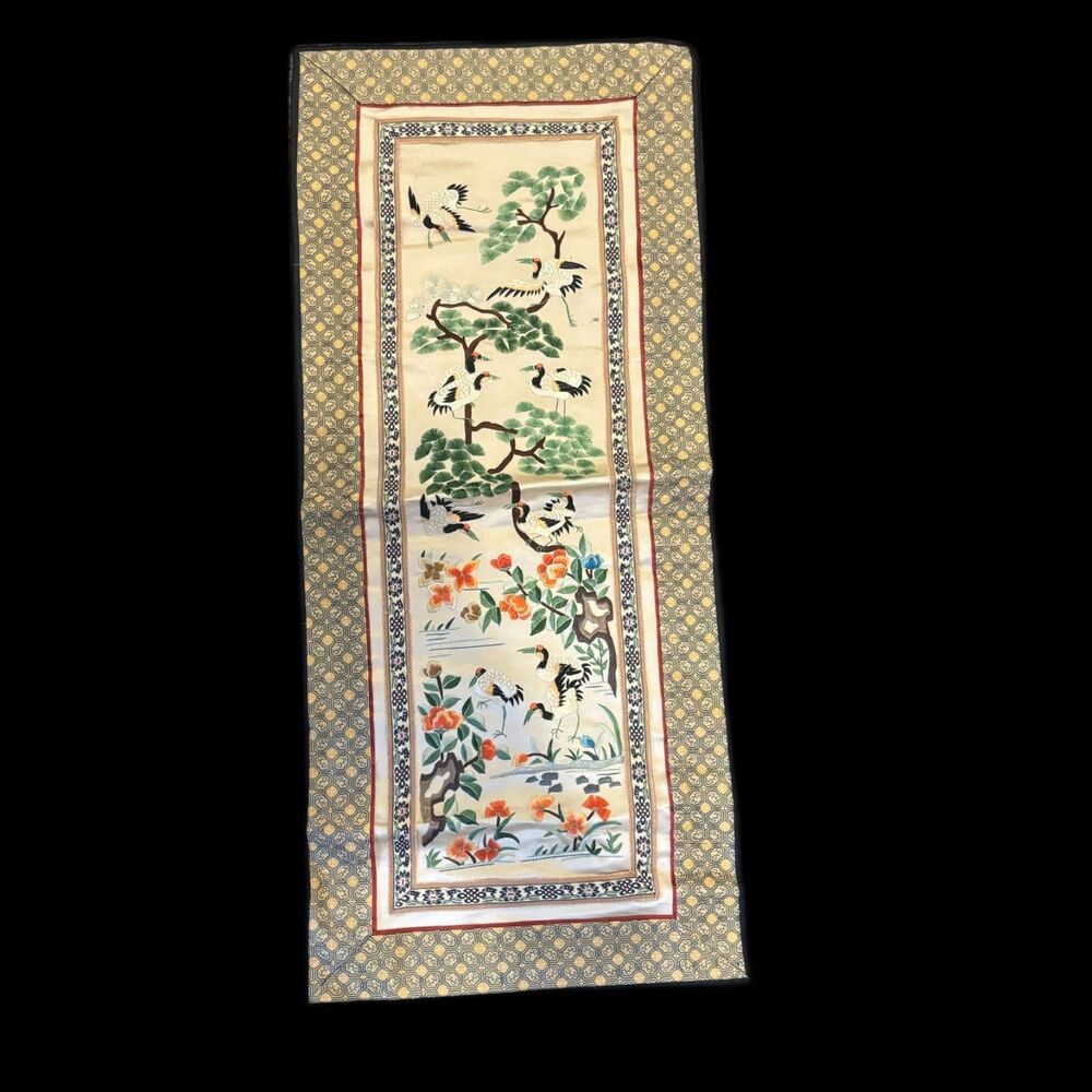 Vintage Beijing Made in China Embroidered Crane Wall Art Tapestry